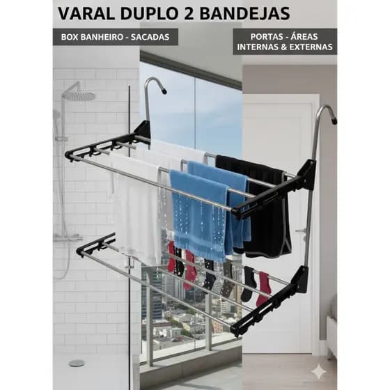 VARAL PARA BOX BANHEIRO SACADAS PORTA AREAS INTERNAS E EXTERNAS DUPLO 02 BANDEJAS