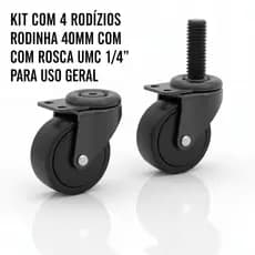 KIT COM 4 RODIZIOS RODINHA 40MM COM ESPIGAO COM ROSCA UMC 1/4 PARA USO GERAL