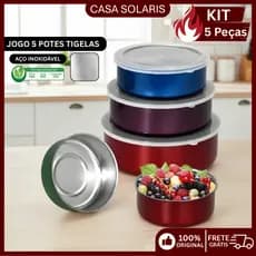 5 KIT Potes Tigelas Em Inox Alumínio Com Tampa Redondo Para Manter Os Alimentos Frescos E Quentes