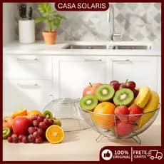 Cesta de Frutas em Aço Inox Redonda Organizador de Frutas e Legumes para Cozinha Fruteira Moderna