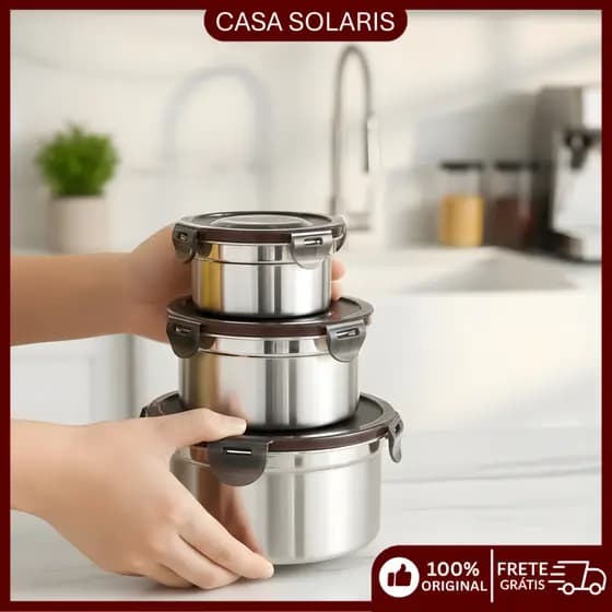 Kit 3 Potes Inox SUS304 Stackable Redondos com Tampa Hermética Lunch Box BPA Free Alimentos
