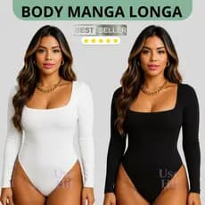 Body Manga Longa Feminino Decote Quadrado de Frio Casual Forro Duplo Elegante Suplex Premium Inverno