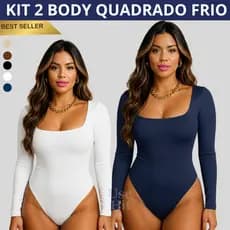 Kit 2 Body Feminino Casual de Frio Decote Quadrado Manga Comprida Forrado suplex Elegante Inverno
