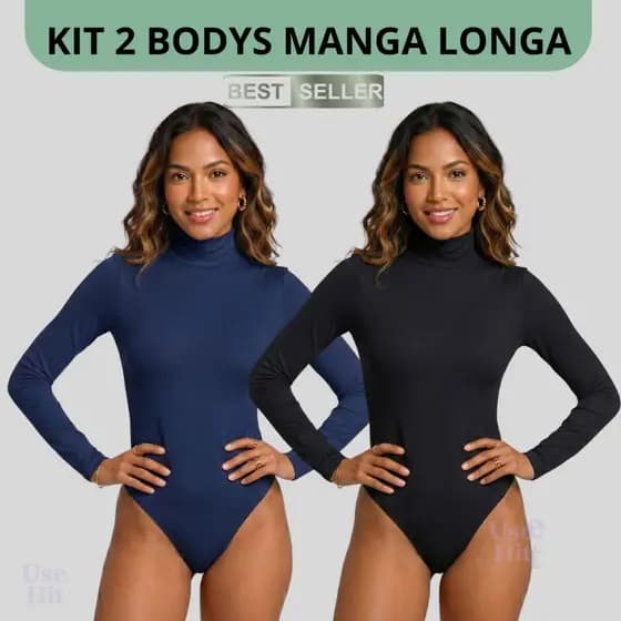 Kit 2 Body Manga Longa Feminino Gola Alta Cacharrel Suplex Forro Duplo Elegante Basico de Inverno
