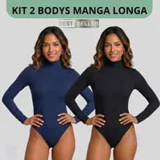 Kit 2 Body Manga Longa Feminino Gola Alta Cacharrel Suplex Forro Duplo Elegante Basico de Inverno