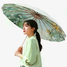 Guarda-chuva protetor solar de borracha de cor de 16 ossos com cabo de madeira maciça Novo estilo chinês guarda-chuva es