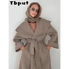 Elegante Casaco Longo Feminino de Lã com Gola Xale Sólida, Abertura Frontal e Amarração, Casacos Femininos Espessos, Mod