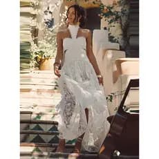 Vestido Feminino com Decote Halter, Painel de Renda, Sem Mangas, Ajuste Justo, Vestido Maxi para Praia, Casamento, Festa