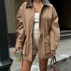 Jaqueta de Camurça com Lapela Suninheart 2025 para Primavera e Outono, Casaco de Moda com Bolso Longo e Zíper, Jaqueta F