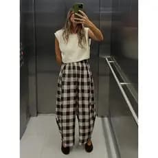 Calças Cropped Xadrez Soltas e Casuais para Mulheres, Corte Reto, Confortáveis, Novidade 2025, Elegantes para Escr