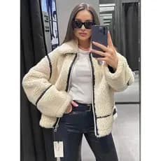 Jaqueta de Pele Sintética Suninheart para Outono e Inverno com Zíper, Casaco Feminino de Manga Longa, Quente, Casual, co