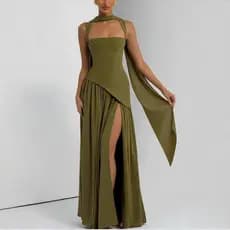 Vestido Maxi Elegante Verde Oliva da Suninheart para Mulheres, Vestido Longo Fluido com Lenço para Festa de Aniversário,