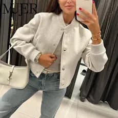 JAQUETA FEMININA 2025 Jaquetas Bomber Curtas para Mulheres Bege Jaqueta de Tweed Feminina Moda Manga Longa Novidade em C