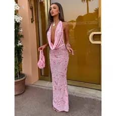 Avrilyaan Vestido Longo Elegante Feminino 2024, Vestido de Verão com Decote Profundo em V, Sem Costas, Bandagem, Justo a