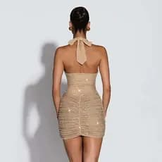 Avrilyaan Vestido Mini Feminino de Lantejoulas com Decote Halter, Bandagem, Plissado e Laço, Vestido de Verão 2026, Deco