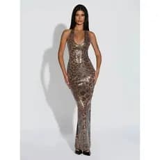 Vestido Longo Maxi Elegante Sem Costas com Estampa de Leopardo e Lantejoulas Avrilyaan para Mulheres, Vestido de Verão 2
