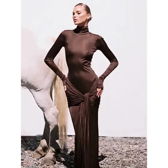 Vestido Longo de Manga Comprida com Gola Alta da Mozision para Mulheres, Vestido Longo Bodycon Irregular, Elegante e Mod