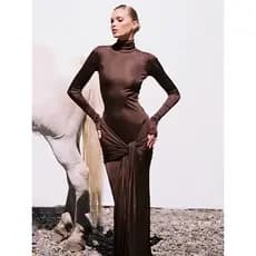 Vestido Longo de Manga Comprida com Gola Alta da Mozision para Mulheres, Vestido Longo Bodycon Irregular, Elegante e Mod