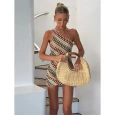 Vestido Mini de Malha Estampado Irregular para Mulheres, Elegante, Sem Costas, Ombro Assimétrico, Ajuste Justo, Vestidos
