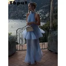 Conjunto Elegante Feminino com Top Halter e Saia Longa Plissada com Babados, Sem Mangas, Estilo Chique Primavera 2026, 2