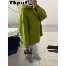 Suéter Feminino Casual de Tricô com Capuz, Liso, Solto, com Bolso, Moda Outono Inverno 2025, Estilo Urbano