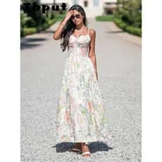 Vestido Feminino Elegante Estampado Sem Mangas, Decote Halter, Cintura Marcada, Corte Evasê, Moda Primavera Verão 2026,