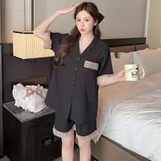 Pijamas femininos dia de manga curta com almofada no peito fixa Cardigan preto sensação de alta qualidade pode usar fora