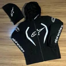 Corta Vento Jaqueta Masculina Preto Capuz Estampada Zíper Bolsos Inverno