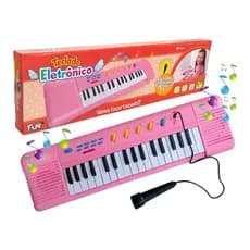 Teclado Eletrônico Infantil 32 Teclas Rosa Microfone Musical