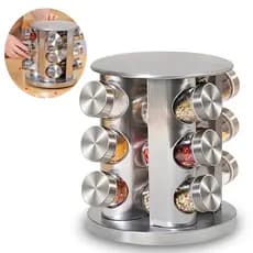 Porta Tempero Giratório 360 com 12 potes vidro suporte inox