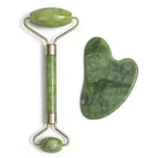 Rolo Pedra de Jade + Placa Gua Sha Massagem Facial Anti Ruga Rolinho Jade
