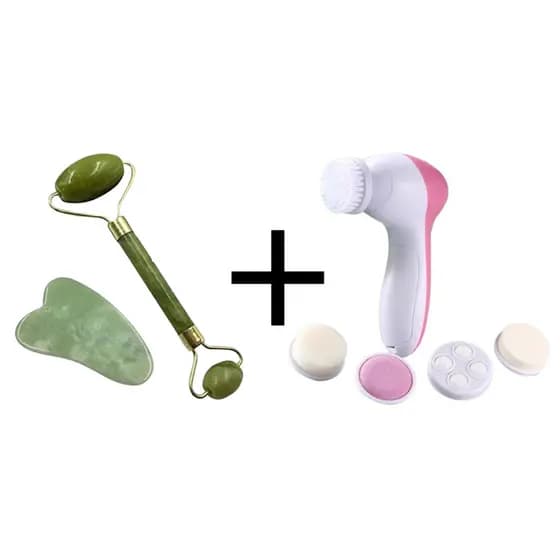kit Escova Facial Elétrica+Rolo Massageador Facial Pedra Esfoliante limpeza Massageadora 5/1 Portátil -RS63