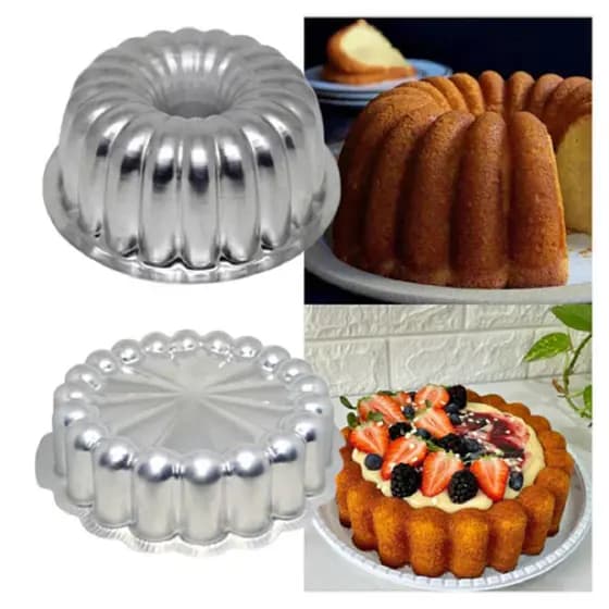kit 2 Formas de Bolo Suiça Decoradas, Forma Suiça Gomada Vulcão + Forma Charlotte Gomada em Alumínio