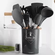 Kit de Utensílios de Cozinha em Silicone Premium – 12 Peças com Suporte e Cabos de Madeira