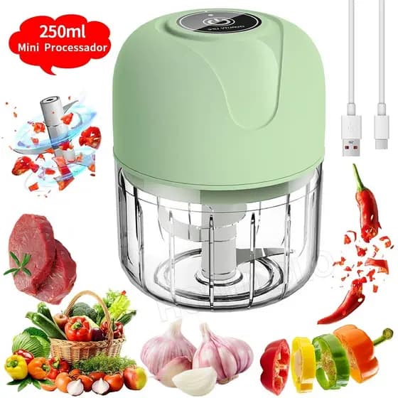 Mini Processador Elétrico 250ml Portátil USB Recarregável para Carne, Vegetais e Alimentos