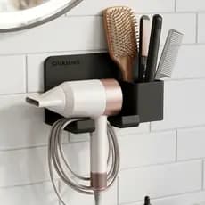 Suporte Parede Secador Cabelo Reforçado Premium Organizador Banheiro Adesivo Sem Furo Com Porta Objetos Clickstock