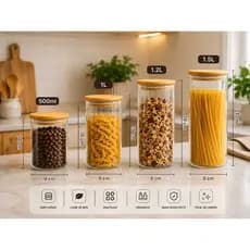 Kit 4 Potes Herméticos Canelados Vidro Borossilicato Redondo 500ml, 1L, 1.2L e 1.5L