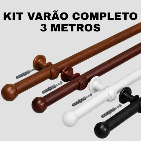Kit Varão Cortina 1 a 3 Metros Completo 19mm Varias Cores de Madeira Simples e Resistente