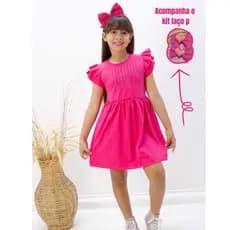 Vestido Infantil Menina 2 ao 8 anos + kit laço para cabelos Aplique em Strass Rosa Pink Brilhante...