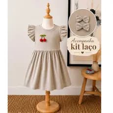 Vestido Infantil Menina Algodão Festa Leve Fresquinho Aplique Cereja Busto Premium C(Kit Laço Cabelo