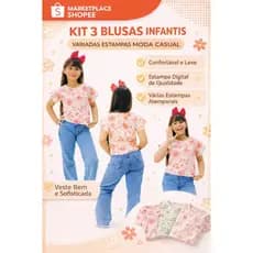Kit 3 Blusas Menina+Laço para Cabelo Estampa Digital Cores Sortidas Tecido Leve Fr com Elastano.....