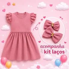 Vestido Infantil Menina + kit laços para cabelos 2-4-6-8anos Algodão Conforto Princesa Brilho-Festa.