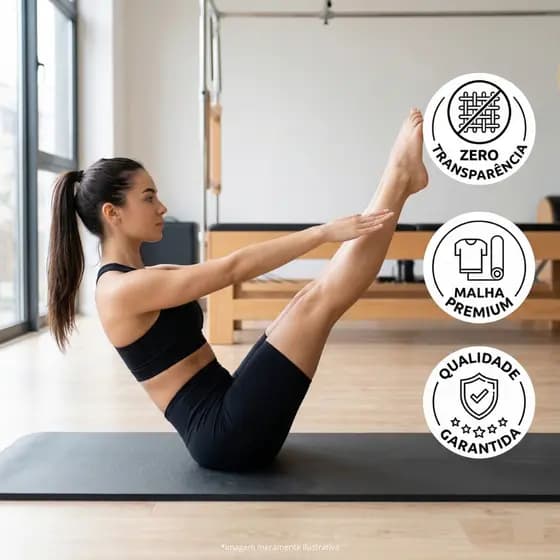 Roupa de Pilates e Yoga Feminina – Conjunto Preto Zero Transparência, Conforto e Modelagem Studio.