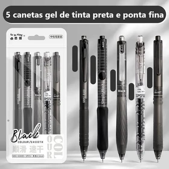 Kit 5 Canetas Gel Tinta Preta Com Ponta Fina de Alta Precisão E Grande Capacidade e Escrita Contínua WJ-10