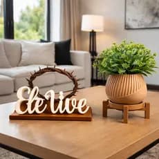 Kit Letreiro e Vaso Decorativo Ele Vive Coroa de Espinhos - Decoração Cristã de Jesus Cristo Símbolo de Fé Enfeite Mesa