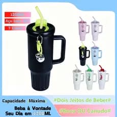 Copo Térmico 1200 ml Com Canudo Material Inoxidável Tampa 2 Funções Alça Aberto ou Fechado
