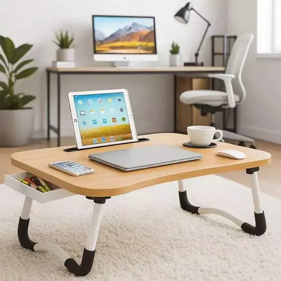 Mesa de Notebook Dobrável Suporte Computador Porta Copos Leitura Escrivaninha Apoio Trabalho Estudo Home Office Bandeja
