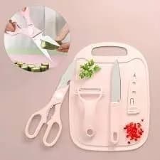 Kit 4 Utensílios Tábua Cortador Tesoura Faca de Legumes Descascador Cor Sortida Afiado Kit Prático Cozinha Presente Casa