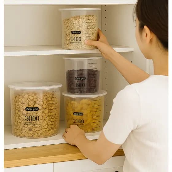 Kit 4 Potes Redondos Plástico Com Medidor Conserva Guarda Armazenar Tampa Recipiente Vasilha Cozinha Arroz Feijão Comida