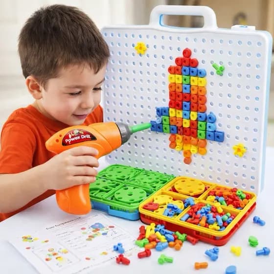 Kit Maleta Ferramentas Infantil Parafusadeira Elétrica 106 Peças Brinquedo Montar Blocos Educativo Criatividade Criança
